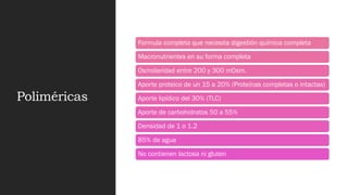 Poliméricas
Formula completa que necesita digestión química completa
Macronutrientes en su forma completa
Osmolaridad entre 200 y 300 mOsm.
Aporte proteico de un 15 a 20% (Proteínas completas o intactas)
Aporte lipídico del 30% (TLC)
Aporte de carbohidratos 50 a 55%
Densidad de 1 o 1.2
85% de agua
No contienen lactosa ni gluten
 