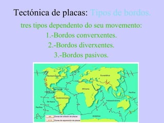 Tectónica de placas:  Tipos de bordos. tres tipos dependento do seu movemento: 1.-Bordos converxentes. 2.-Bordos diverxentes. 3.-Bordos pasivos. 