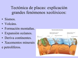 Sismos. Volcáns. Formación montañas. Expansión océanos. Deriva continentes. Xacementos minerais  e petrolíferos. Tectónica de placas: explicación grandes fenómenos xeolóxicos: 