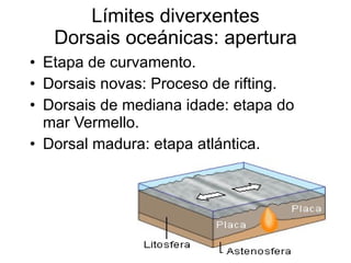 Límites diverxentes Dorsais oceánicas: apertura Etapa de curvamento. Dorsais novas: Proceso de rifting. Dorsais de mediana idade: etapa do mar Vermello. Dorsal madura: etapa atlántica.  