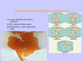 O encaixamento dalgúns continentes As costas atlánticas de África e América do Sur, encaixan unha noutra perfectamente, xa que representan unha gran similitude. 