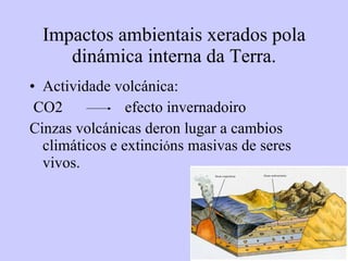 Impactos ambientais xerados pola din á mica interna da Terra. Actividade volc ánica: CO2  efecto invernadoiro Cinzas volc á nicas deron lugar a cambios clim á ticos e extinci ó ns masivas de seres vivos. 