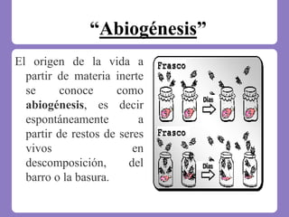 “Abiogénesis”
El origen de la vida a
partir de materia inerte
se conoce como
abiogénesis, es decir
espontáneamente a
partir de restos de seres
vivos en
descomposición, del
barro o la basura.
 