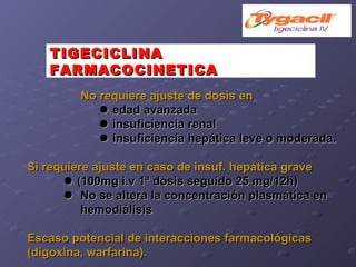 No requiere ajuste de dosis en    edad avanzada    insuficiencia renal    insuficiencia hepática leve o moderada. Si requiere ajuste en caso de insuf. hepática grave      (100mg i.v 1ª dosis seguido 25 mg/12h)‏    No se altera la concentración plasmática en  hemodiálisis Escaso potencial de interacciones farmacológicas (digoxina, warfarina). TIGECICLINA FARMACOCINETICA 