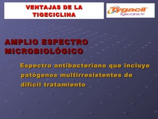 VENTAJAS DE LA TIGECICLINA AMPLIO ESPECTRO MICROBIOLÓGICO Espectro antibacteriano que incluye patógenos multirresistentes de difícil tratamiento 