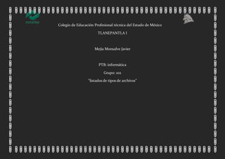 Colegio de Educación Profesional técnica del Estado de México
TLANEPANTLA l
Mejía Monsalve Javier
PTB: informática
Grupo: 102
“listados de tipos de archivos”
 