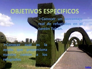 Conocer un porcentaje
real de refugiados en el
cantón Tulcán.
Conocer cual es la
ayuda que proporciona
nuestro cantón a los
refugiados
Índice