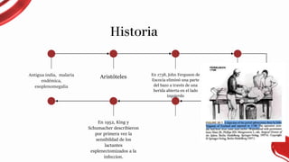 Antigua india, malaria
endémica,
esoplenomegalia
Aristóteles En 1738, John Ferguson de
Escocia eliminó una parte
del bazo a través de una
herida abierta en el lado
izquierdo
Milestone discoveries
En 1952, King y
Schumacher describieron
por primera vez la
sensibildad de los
lactantes
esplenectomizados a la
infeccion.
Future directions
Historia
 