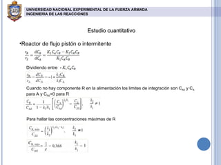 Estudio cuantitativo Reactor de flujo pistón o intermitente Cuando no hay componente R en la alimentación los limites de integración son C A0  y C A  para A y C R0 =0 para R  Dividiendo entre  -  Para hallar las concentraciones máximas de R UNIVERSIDAD NACIONAL EXPERIMENTAL DE LA FUERZA ARMADA INGENIERIA DE LAS REACCIONES   