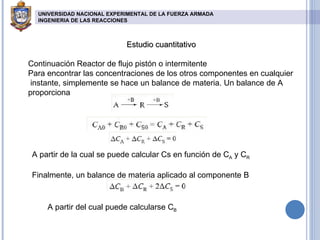 Estudio cuantitativo Continuación Reactor de flujo pistón o intermitente Para encontrar las concentraciones de los otros componentes en cualquier  instante, simplemente se hace un balance de materia. Un balance de A proporciona A partir de la cual se puede calcular Cs en función de C A  y C R Finalmente, un balance de materia aplicado al componente B A partir del cual puede calcularse C B UNIVERSIDAD NACIONAL EXPERIMENTAL DE LA FUERZA ARMADA INGENIERIA DE LAS REACCIONES   