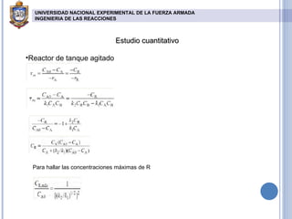 Estudio cuantitativo Reactor de tanque agitado Para hallar las concentraciones máximas de R UNIVERSIDAD NACIONAL EXPERIMENTAL DE LA FUERZA ARMADA INGENIERIA DE LAS REACCIONES   