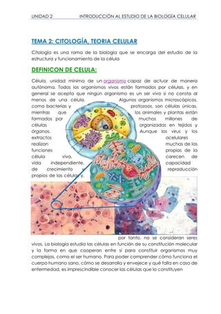 UNIDAD 2 INTRODUCCIÓN AL ESTUDIO DE LA BIOLOGÍA CELULAR
TEMA 2: CITOLOGÍA, TEORIA CELULAR
Citología es una rama de la biología que se encarga del estudio de la
estructura y funcionamiento de la célula
DEFINICON DE CELULA:
Célula, unidad mínima de un organismo capaz de actuar de manera
autónoma. Todos los organismos vivos están formados por células, y en
general se acepta que ningún organismo es un ser vivo si no consta al
menos de una célula. Algunos organismos microscópicos,
como bacterias y protozoos, son células únicas,
mientras que los animales y plantas están
formados por muchos millones de
células organizadas en tejidos y
órganos. Aunque los virus y los
extractos acelulares
realizan muchas de las
funciones propias de la
célula viva, carecen de
vida independiente, capacidad
de crecimiento y reproducción
propios de las células y,
por tanto, no se consideran seres
vivos. La biología estudia las células en función de su constitución molecular
y la forma en que cooperan entre sí para constituir organismos muy
complejos, como el ser humano. Para poder comprender cómo funciona el
cuerpo humano sano, cómo se desarrolla y envejece y qué falla en caso de
enfermedad, es imprescindible conocer las células que lo constituyen
 