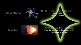 • Física Atómica
• Geofísica
Estudia el átomo, su estructura, estados
de energía
(fisión y fusión).
Ciencia derivada de la...