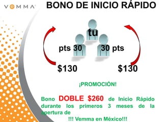 BONO DE INICIO RÁPIDO


              tu
     pts 30        30 pts

    $130                 $130
           ¡PROMOCIÓN!

Bono DOBLE $260 de Inicio Rápido
durante los primeros 3 meses de la
apertura de
          !!! Vemma en México!!!
 