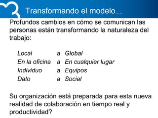 Transformando el modelo.....
Profundos cambios en cómo se comunican las
personas están transformando la naturaleza del
trabajo:
Local a Global
En la oficina a En cualquier lugar
Individuo a Equipos
Dato a Social
Su organización está preparada para esta nueva
realidad de colaboración en tiempo real y
productividad?
 