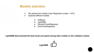 Models selection
➢ We started from simple Linear Regression (mape = 12%)
➢ Explored different models:
● XGBoost
● LightGBM
● RandomForestRegressor
● ExtraTreesRegressor
LightGBM demonstrated the best result and speed among other models on the validation subset
LightGBM