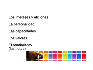 Los intereses y aficionesLos intereses y aficiones
La personalidadLa personalidad
Las capacidadesLas capacidades
Los valoresLos valores
El rendimientoEl rendimiento
(las notas)(las notas)
 