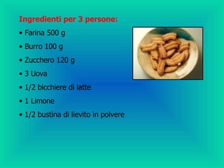 Ingredienti per 3 persone: Farina 500 g Burro 100 g Zucchero 120 g 3 Uova 1/2 bicchiere di latte 1 Limone 1/2 bustina di lievito in polvere 