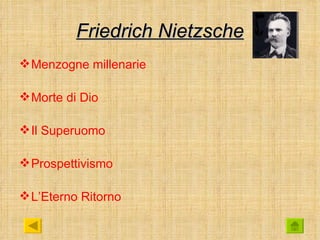 Friedrich Nietzsche
 Menzogne millenarie

 Morte di Dio

 Il Superuomo

 Prospettivismo

 L’Eterno Ritorno
 