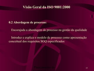 Planejamento da 15
0.2 Abordagem de processo:
Encorajada a abordagem de processo na gestão da qualidade
Introduz e explica o modelo de processo como apresentação
conceitual dos requisitos SGQ especificados
Visão Geral da ISO 9001:2000
 