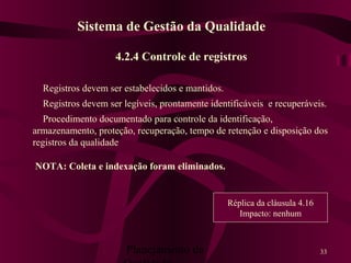 Planejamento da 33
4.2.4 Controle de registros
Registros devem ser estabelecidos e mantidos.
Registros devem ser legíveis, prontamente identificáveis e recuperáveis.
Procedimento documentado para controle da identificação,
armazenamento, proteção, recuperação, tempo de retenção e disposição dos
registros da qualidade
Réplica da cláusula 4.16
Impacto: nenhum
Sistema de Gestão da Qualidade
NOTA: Coleta e indexação foram eliminados.
 