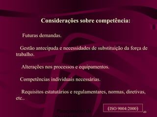 Planejamento da 49
Considerações sobre competência:
Futuras demandas.
Gestão antecipada e necessidades de substituição da força de
trabalho.
Alterações nos processos e equipamentos.
Competências individuais necessárias.
Requisitos estatutários e regulamentares, normas, diretivas,
etc..
(ISO 9004:2000)
 