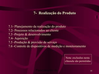 Planejamento da 55
7- Realização do Produto
7.1- Planejamento da realização do produto
7.2- Processos relacionados ao cliente
7.3 -Projeto & desenvolvimento
7.4- Aquisição
7.5 -Produção & provisão de serviço
7.6 -Controle de dispositivos de medição e monitoramento
Nota: exclusões nesta
cláusula são permitidas
 
