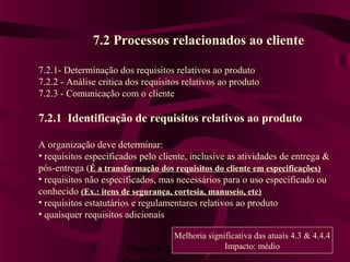 Planejamento da 57
7.2 Processos relacionados ao cliente
7.2.1- Determinação dos requisitos relativos ao produto
7.2.2 - Análise critica dos requisitos relativos ao produto
7.2.3 - Comunicação com o cliente
7.2.1 Identificação de requisitos relativos ao produto
A organização deve determinar:
• requisitos especificados pelo cliente, inclusive as atividades de entrega &
pós-entrega (É a transformação dos requisitos do cliente em especificações)
• requisitos não especificados, mas necessários para o uso especificado ou
conhecido (Ex.: itens de segurança, cortesia, manuseio, etc)
• requisitos estatutários e regulamentares relativos ao produto
• quaisquer requisitos adicionais
Melhoria significativa das atuais 4.3 & 4.4.4
Impacto: médio
 