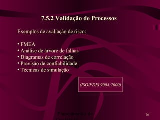 Planejamento da 76
7.5.2 Validação de Processos
Exemplos de avaliação de risco:
• FMEA
• Análise de árvore de falhas
• Diagramas de correlação
• Previsão de confiabilidade
• Técnicas de simulação
(ISO/FDIS 9004:2000)
 