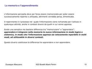 La memoria e l’apprendimento

L’informazione percepita deve per forza essere memorizzata per poter essere
successivamente reperita e utilizzata, altrimenti verrebbe persa, dimenticata.
Il reperimento è il processo nel quale l’informazione viene richiamata per l’utilizzo in
qualunque attività, anche in contesti diversi da quelli in cui venne appresa.
Esiste una semplice ma basilare differenza tra “memorizzare” e “apprendere”:
apprendere è integrare nella memoria la nuova informazione in modo logico e
sistemico, in modo che l’informazione appresa sia velocemente reperibile in molti
modi, ed utilizzabile in diversi contesti.
Questo divario costituisce la differenza tra apprendere e non apprendere.

Giuseppe Albezzano

IISS Boselli Alberti Pertini

10

 