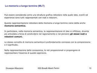 La memoria a lungo termine (MLT)

Può essere considerata come una struttura grafica reticolare nella quale idee, eventi ed
esperienze sono tutti rappresentati con nodi e relazioni.
Questa rappresentazione reticolare della memoria a lungo termine viene detta anche
memoria semantica.
In particolare, nella memoria semantica, la rappresentazione di idee si infittisce, diventa
più articolata a forza di condividere nel ragionamento e nel pensiero gli stessi nodi e
relazioni comuni.
Lo stesso concetto di memoria semantica è profondamente connesso con la comprensione
e il significato.
Nella rappresentazione della conoscenza, le reti proposizionali si propongono di
rappresentare l’essenza di questo approccio.

Giuseppe Albezzano

IISS Boselli Alberti Pertini

13

 
