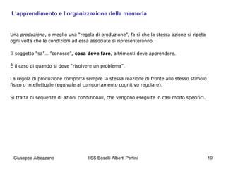L’apprendimento e l’organizzazione della memoria

Una produzione, o meglio una “regola di produzione”, fa sì che la stessa azione si ripeta
ogni volta che le condizioni ad essa associate si ripresenteranno.
Il soggetto “sa”….”conosce”, cosa deve fare, altrimenti deve apprendere.
È il caso di quando si deve “risolvere un problema”.
La regola di produzione comporta sempre la stessa reazione di fronte allo stesso stimolo
fisico o intellettuale (equivale al comportamento cognitivo regolare).
Si tratta di sequenze di azioni condizionali, che vengono eseguite in casi molto specifici.

Giuseppe Albezzano

IISS Boselli Alberti Pertini

19

 
