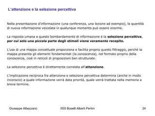 L’attenzione e la selezione percettiva

Nella presentazione d’informazione (una conferenza, una lezione ad esempio), la quantità
di nuova informazione veicolata in qualunque momento può essere enorme.
La risposta umana a questo bombardamento di informazione è la selezione percettiva,
per cui solo una piccola parte degli stimoli viene veramente recepito.
L’uso di una mappa concettuale proporziona e facilita proprio questo filtraggio, perché la
mappa presenta gli elementi fondamentali (la conoscenza), nel formato proprio della
conoscenza, cioè in reticoli di proposizioni ben strutturate.
La selezione percettiva è direttamente correlata all’attenzione.
L’implicazione reciproca fra attenzione e selezione percettiva determina (anche in modo
inconscio) a quale informazione verrà data priorità, quale verrà trattata nella memoria a
breve termine.

Giuseppe Albezzano

IISS Boselli Alberti Pertini

24

 