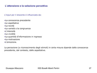 L’attenzione e la selezione percettiva

L’input per il discente è influenzato da:
•La conoscenza precedente
•Le aspettative
•La novità
•La varietà o la congruenza
•L’intensità
•La vividità
•La quantità d’informazione in ingresso
•La motivazione
•L’emozione.
La percezione (o riconoscimento degli stimoli) in certa misura dipende dalla conoscenza
precedente, dal contesto, dalle aspettative.

Giuseppe Albezzano

IISS Boselli Alberti Pertini

27

 