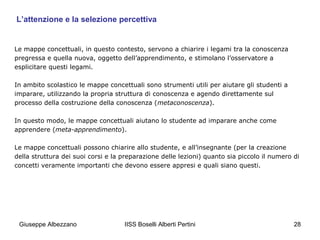 L’attenzione e la selezione percettiva

Le mappe concettuali, in questo contesto, servono a chiarire i legami tra la conoscenza
pregressa e quella nuova, oggetto dell’apprendimento, e stimolano l’osservatore a
esplicitare questi legami.
In ambito scolastico le mappe concettuali sono strumenti utili per aiutare gli studenti a
imparare, utilizzando la propria struttura di conoscenza e agendo direttamente sul
processo della costruzione della conoscenza (metaconoscenza).
In questo modo, le mappe concettuali aiutano lo studente ad imparare anche come
apprendere (meta-apprendimento).
Le mappe concettuali possono chiarire allo studente, e all’insegnante (per la creazione
della struttura dei suoi corsi e la preparazione delle lezioni) quanto sia piccolo il numero di
concetti veramente importanti che devono essere appresi e quali siano questi.

Giuseppe Albezzano

IISS Boselli Alberti Pertini

28

 