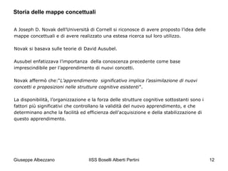 Storia delle mappe concettuali
A Joseph D. Novak dell’Università di Cornell si riconosce di avere proposto l’idea delle
mappe concettuali e di avere realizzato una estesa ricerca sul loro utilizzo.
Novak si basava sulle teorie di David Ausubel.
Ausubel enfatizzava l’importanza della conoscenza precedente come base
imprescindibile per l’apprendimento di nuovi concetti.
Novak affermò che:“L’apprendimento significativo implica l’assimilazione di nuovi
concetti e proposizioni nelle strutture cognitive esistenti”.
La disponibilità, l’organizzazione e la forza delle strutture cognitive sottostanti sono i
fattori più significativi che controllano la validità del nuovo apprendimento, e che
determinano anche la facilità ed efficienza dell’acquisizione e della stabilizzazione di
questo apprendimento.

Giuseppe Albezzano

IISS Boselli Alberti Pertini

12

 