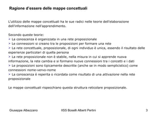 Ragione d’essere delle mappe concettuali
L’utilizzo delle mappe concettuali ha le sue radici nelle teorie dell’elaborazione
dell’informazione nell’apprendimento.
Secondo queste teorie:
 La conoscenza è organizzata in una rete proposizionale
 Le connessioni si creano tra le proposizioni per formare una rete
 La rete concettuale, proposizionale, di ogni individuo è unica, essendo il risultato delle
esperienze particolari di quella persona
 La rete proposizionale non è stabile, nella misura in cui si apprende nuova
informazione, la rete cambia e si formano nuove connessioni tra i concetti e i dati
 Le proposizioni sono tipicamente descritte (anche se in modo semplicistico) come
connessioni nome-vervo-nome
 La conoscenza è reperita o ricordata come risultato di una attivazione nella rete
proposizionale
Le mappe concettuali rispecchiano questa struttura reticolare proposizionale.

Giuseppe Albezzano

IISS Boselli Alberti Pertini

3

 