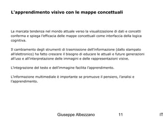 L’apprendimento visivo con le mappe concettuali

La marcata tendenza nel mondo attuale verso la visualizzazione di dati e concetti
conferma e spiega l’efficacia delle mappe concettuali come interfaccia della logica
cognitiva.
Il cambiamento degli strumenti di trasmissione dell’informazione (dallo stampato
all’elettronico) ha fatto crescere il bisogno di educare le attuali e future generazioni
all’uso e all’interpretazione delle immagini e delle rappresentazioni visive.
L’integrazione del testo e dell’immagine facilita l’apprendimento.
L’informazione multimediale è importante se promuove il pensiero, l’analisi e
l’apprendimento.

Giuseppe Albezzano

11

IT

 