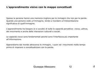 L’apprendimento visivo con le mappe concettuali

Spesso le persone hanno una memoria migliore per le immagini che non per le parole.
Quando una persona vede un’immagine, tende a ricordare un’interpretazione
significativa di quell’immagine.
L’apprendimento ha bisogno (e si avvale) di tutte le capacità percettive: visive, uditive,
del movimento e anche delle interazioni culturali e sociali.
Le capacità visive sono fondamentali perché sono l’interfaccia più importante
all’informazione.
Apprendiamo dal mondo attraverso le immagini, i suoni ed i movimenti molto tempo
prima di imparare a concettualizzare con la parola.

Giuseppe Albezzano

12

IT

 