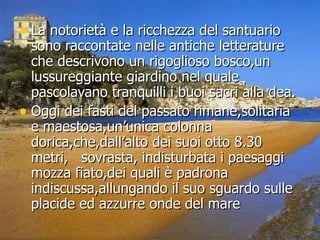 La notorietà e la ricchezza del santuario sono raccontate nelle antiche letterature che descrivono un rigoglioso bosco,un lussureggiante giardino nel quale pascolavano tranquilli i buoi sacri alla dea. Oggi dei fasti del passato rimane,solitaria e maestosa,un’unica colonna dorica,che,dall’alto dei suoi otto 8.30 metri,  sovrasta, indisturbata i paesaggi mozza fiato,dei quali è padrona indiscussa,allungando il suo sguardo sulle placide ed azzurre onde del mare 