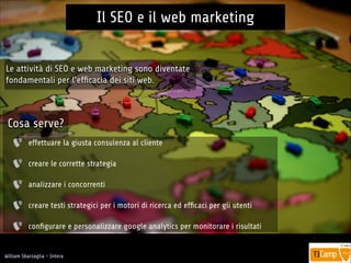 !
William Sbarzaglia - Intera
Il SEO e il web marketing
Cosa serve?
effettuare la giusta consulenza al cliente
creare le corrette strategia
analizzare i concorrenti
creare testi strategici per i motori di ricerca ed efﬁcaci per gli utenti
conﬁgurare e personalizzare google analytics per monitorare i risultati
Le attività di SEO e web marketing sono diventate
fondamentali per l’efﬁcacia dei siti web.
 