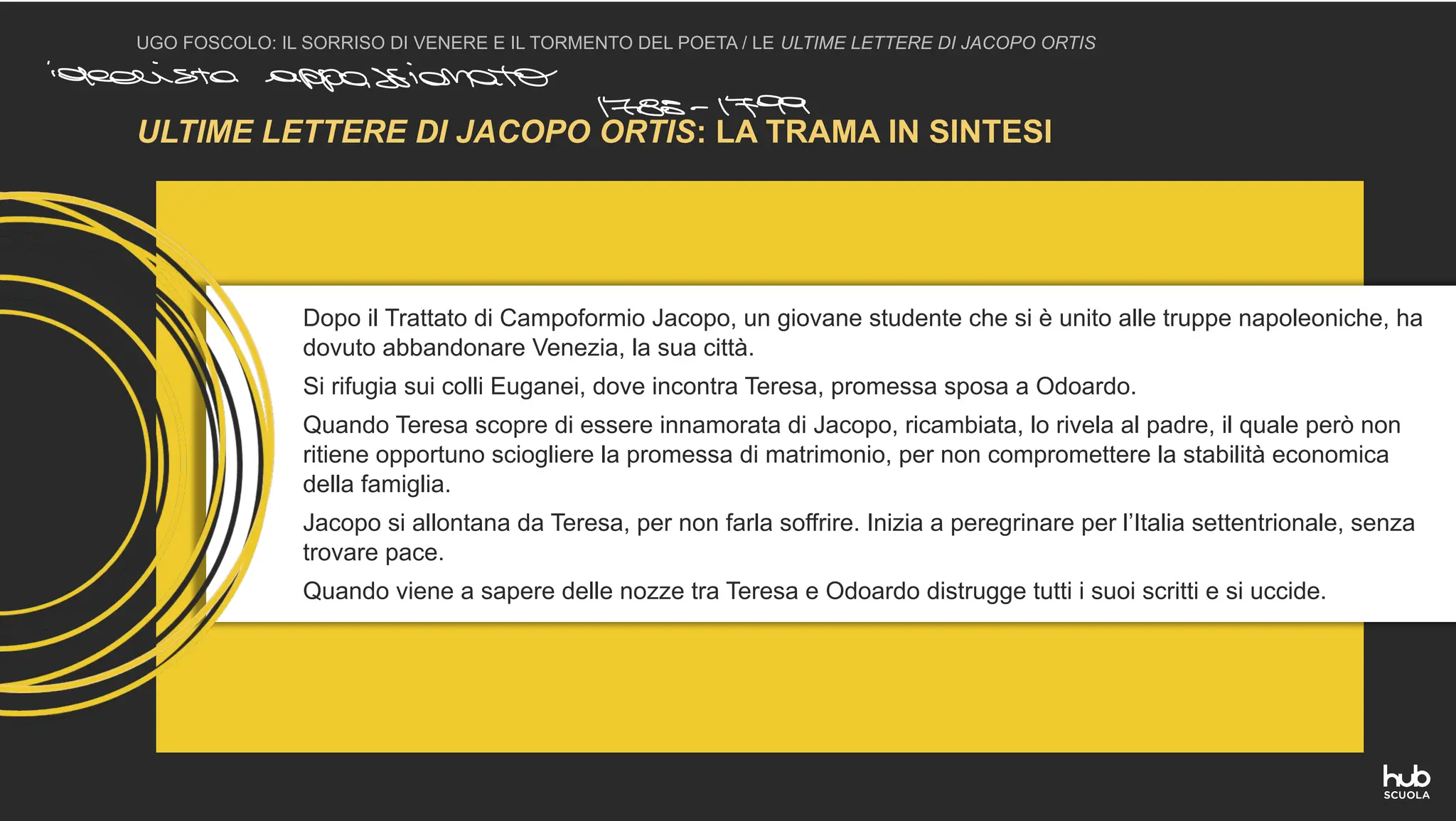ULTIME LETTERE DI JACOPO ORTIS: LA TRAMA IN SINTESI
UGO FOSCOLO: IL SORRISO DI VENERE E IL TORMENTO DEL POETA / LE ULTIME LETTERE DI JACOPO ORTIS
Dopo il Trattato di Campoformio Jacopo, un giovane studente che si è unito alle truppe napoleoniche, ha
dovuto abbandonare Venezia, la sua città.
Si rifugia sui colli Euganei, dove incontra Teresa, promessa sposa a Odoardo.
Quando Teresa scopre di essere innamorata di Jacopo, ricambiata, lo rivela al padre, il quale però non
ritiene opportuno sciogliere la promessa di matrimonio, per non compromettere la stabilità economica
della famiglia.
Jacopo si allontana da Teresa, per non farla soffrire. Inizia a peregrinare per l’Italia settentrionale, senza
trovare pace.
Quando viene a sapere delle nozze tra Teresa e Odoardo distrugge tutti i suoi scritti e si uccide.
idealista appassionato
age 1799
 