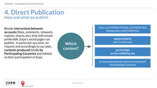 EXPO2015 | Social Media Participants Workshop
20/05/2015
How and what we publish
Beside interactions between
accounts (likes, comments, retweets,
reposts, shares, etc), that still remain
preferable, Expo’s social pages can
publish, in particular occasion, on
request and accordingly to our plan,
contents produced totally by
Participating Countries and related
to their participation in Expo.
Visits of INTERNATIONAL AUTHORITIES,
Ambassadors and Celebrities
MAIN EVENTS
and Conferences
In-house developed contents shared with
Participating Countries
ACTIVITIES
on the exhibiting site
4. Direct Publication
Which
content?
 