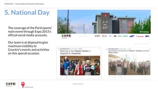 EXPO2015 | Social Media Participants Workshop
20/05/2015
5. National Day
The coverage of the Participants’
main event through Expo 2015’s
official social media accounts.
Our team is at disposal to give
maximum visibility to
Country’s events and activities
on this special occasion.
 