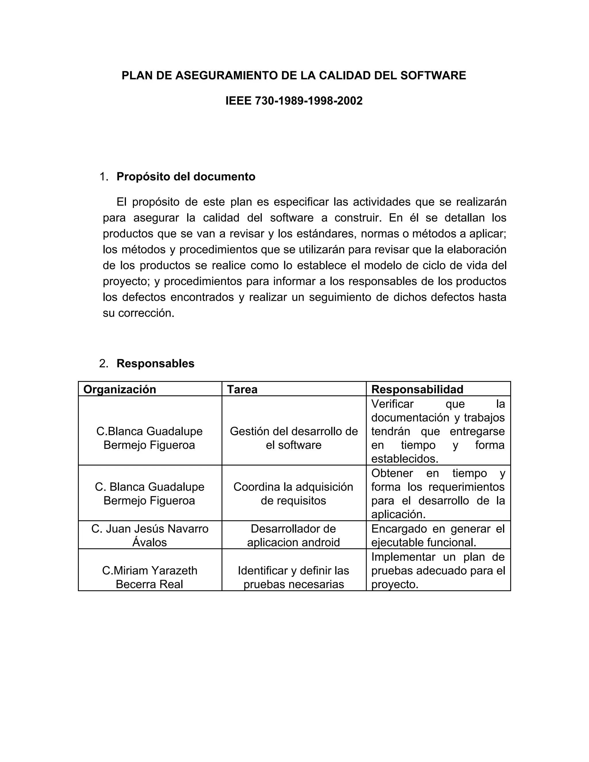 IEEE 730 1989: Plan de aseguramiento de la calidad del software | PDF