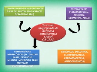 TUMORES O NEOPLASIAS QUE NACEN                        ENFERMEDADES
 FUERA DEL HIPOTÁLAMO (CAPACES                      PULMONARES (tbc,
        DE FABRICAR ADH)                                ABSCESOS,
                                                    NEUMONÍAS, ASMA)


                                 Secreción
                              inapropiada de
                                 hormona
                               antidiurética
                                  SADH
                                 CAUSAS.



      ENFERMEDADES                             FARMACOS (NICOTINA,
 NEUROLÓGICAS (Sx . GUILLAN                      CLORPROPAMIDA,
     BARRÉ, ESCLEROSIS                           CARBAMACEPINA,
 MULTIPLE, MENINGITIS, TRAU
                                                 ANTIDEPRESIVOS)
         MATISMOS
    CRANEOENCEFÁLICOS
 