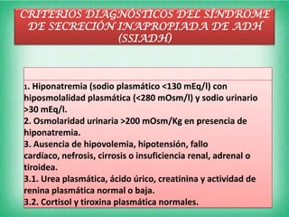 CRITERIOS DIAGNÓSTICOS DEL SÍNDROME
 DE SECRECIÓN INAPROPIADA DE ADH
              (SSIADH)



1. Hiponatremia    (sodio plasmático <130 mEq/l) con
hiposmolalidad plasmática (<280 mOsm/l) y sodio urinario
>30 mEq/l.
2. Osmolaridad urinaria >200 mOsm/Kg en presencia de
hiponatremia.
3. Ausencia de hipovolemia, hipotensión, fallo
cardíaco, nefrosis, cirrosis o insuficiencia renal, adrenal o
tiroidea.
3.1. Urea plasmática, ácido úrico, creatinina y actividad de
renina plasmática normal o baja.
3.2. Cortisol y tiroxina plasmática normales.
 