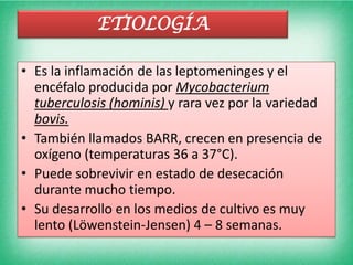ETIOLOGÍA

• Es la inflamación de las leptomeninges y el
  encéfalo producida por Mycobacterium
  tuberculosis (hominis) y rara vez por la variedad
  bovis.
• También llamados BARR, crecen en presencia de
  oxígeno (temperaturas 36 a 37°C).
• Puede sobrevivir en estado de desecación
  durante mucho tiempo.
• Su desarrollo en los medios de cultivo es muy
  lento (Löwenstein-Jensen) 4 – 8 semanas.
 