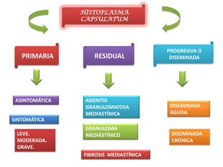 HISTOPLASMA
                CAPSULATUM




                                        PROGRESIVA O
   PRIMARIA         RESIDUAL             DISEMINADA




 ASINTOMÁTICA    ADENITIS
                 GRANULOMATOSA           DISEMINADA
                 MEDIASTÍNICA            AGUDA
SINTOMÁTICA
                 GRANULOMA
 LEVE.           MEDIÁSTÍNICO            DISEMINADA
 MODERADA.                               CRÓNICA
 GRAVE.
                FIBROSIS MEDIASTÍNICA
 