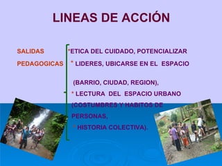 LINEAS DE ACCIÓN SALIDAS  * ETICA DEL CUIDADO, POTENCIALIZAR  PEDAGOGICAS  *   LIDERES, UBICARSE EN EL  ESPACIO  (BARRIO, CIUDAD, REGION),  *  LECTURA  DEL  ESPACIO URBANO  (COSTUMBRES Y HABITOS DE  PERSONAS,  *  HISTORIA COLECTIVA). 